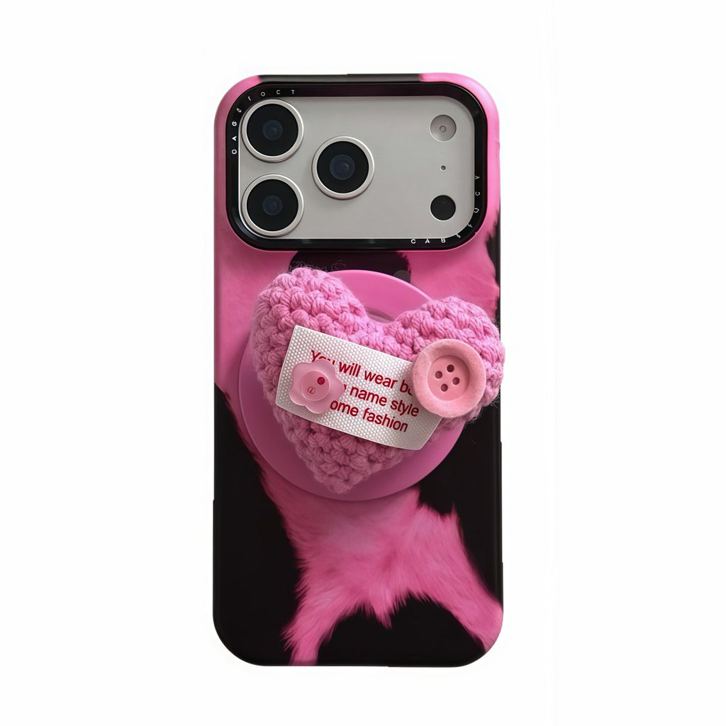 milk patterned knitted heart magnetic grip phone case
