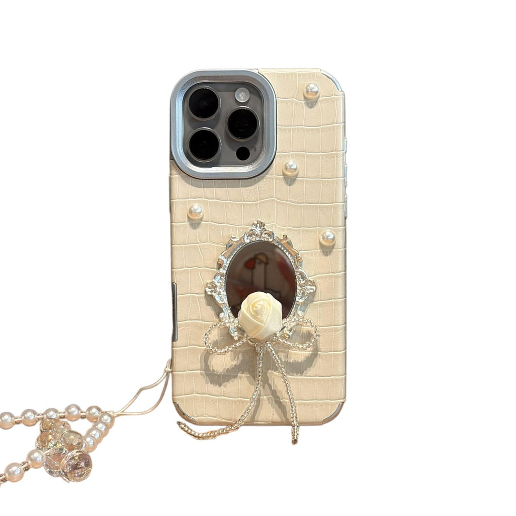 minimalist white rose pearl mirror phone case
