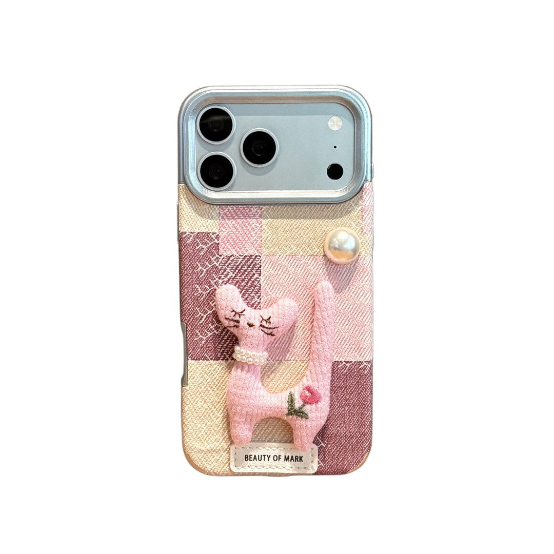 cute pink pearl cat doll phone case