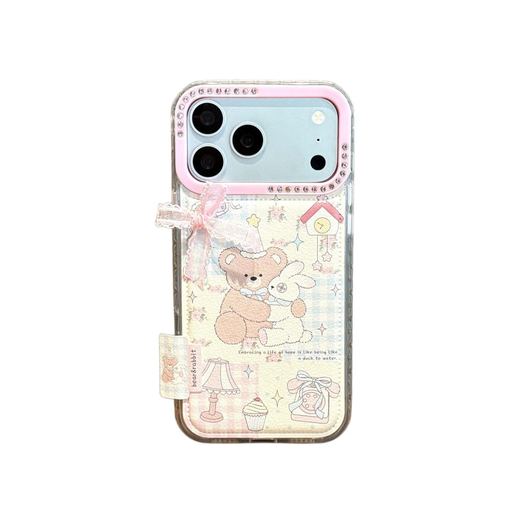 pink bow cute dolls bear & bunny full zircon phone case
