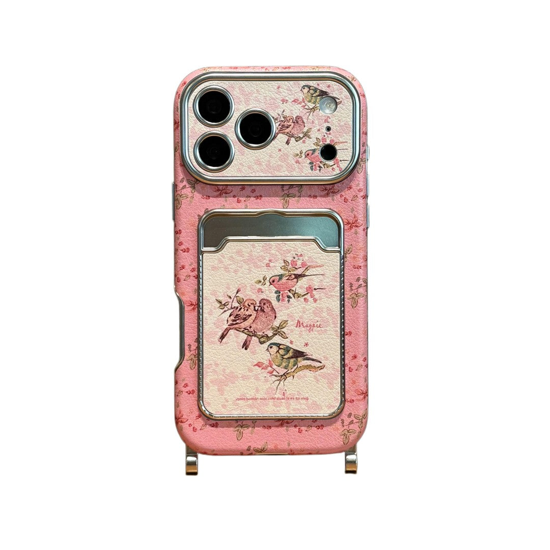 pink plum blossom magpie card holder strap phone case