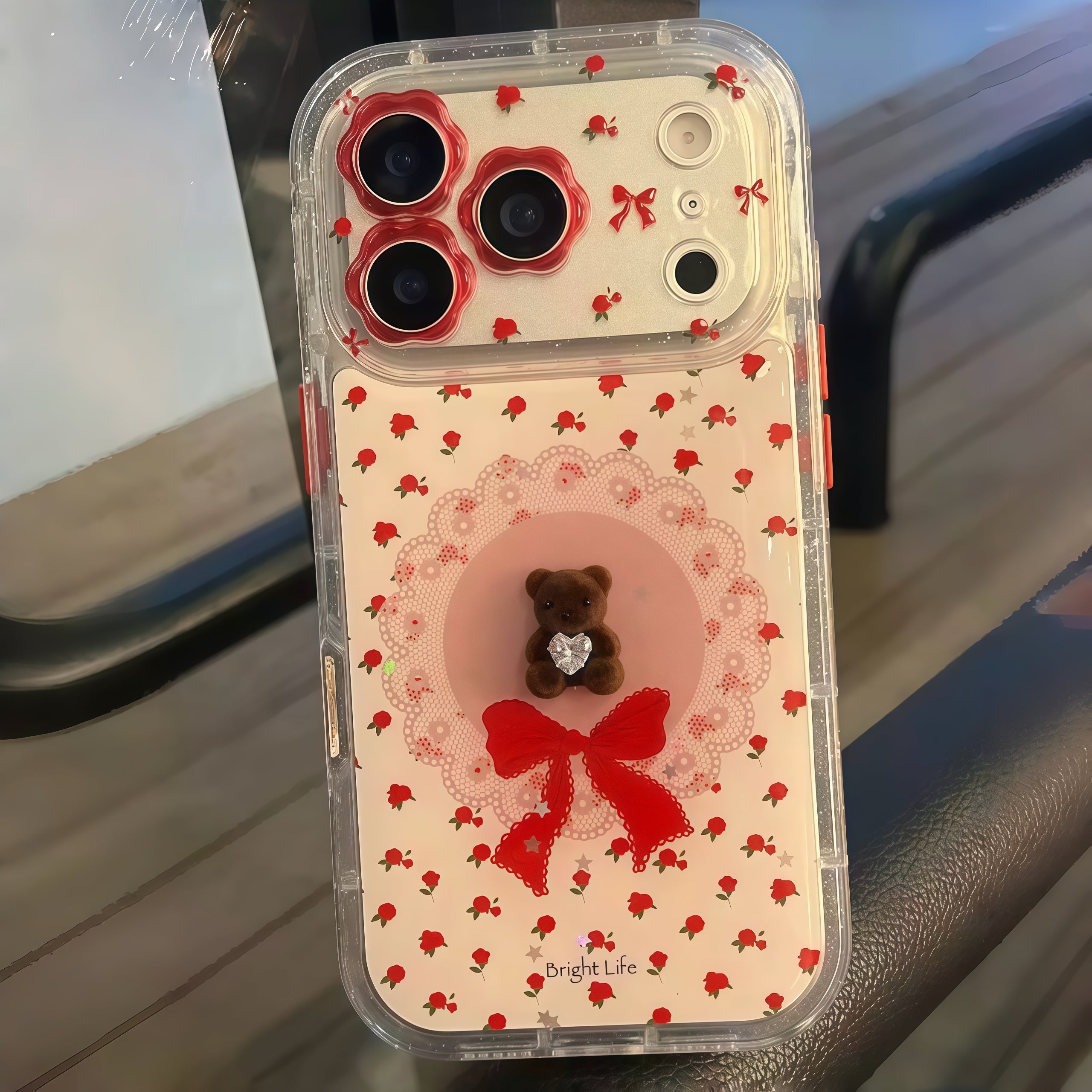 cute rose red bow zircon bear phone case