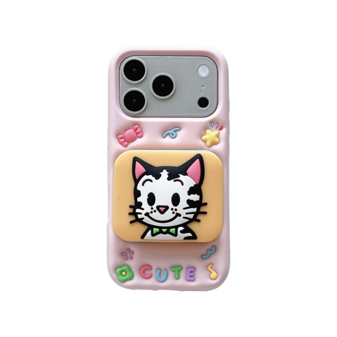 cute cat & puppy mirror + stand dual purpose silicone phone case
