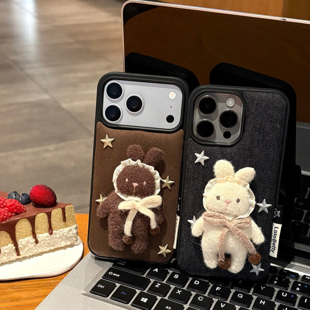 cute knitted star bunny pattern denim phone case