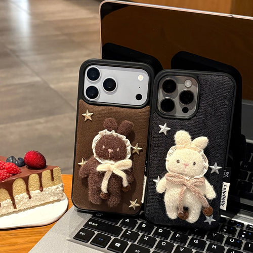 cute knitted star bunny pattern denim phone case