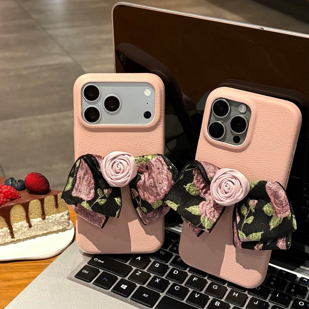 elegant retro floral bow leather phone case