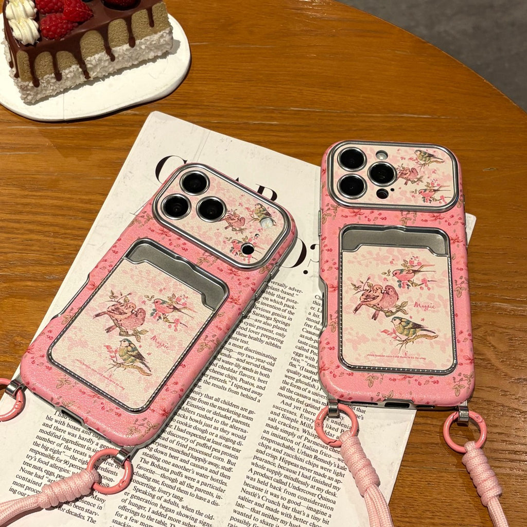 pink plum blossom magpie card holder strap phone case