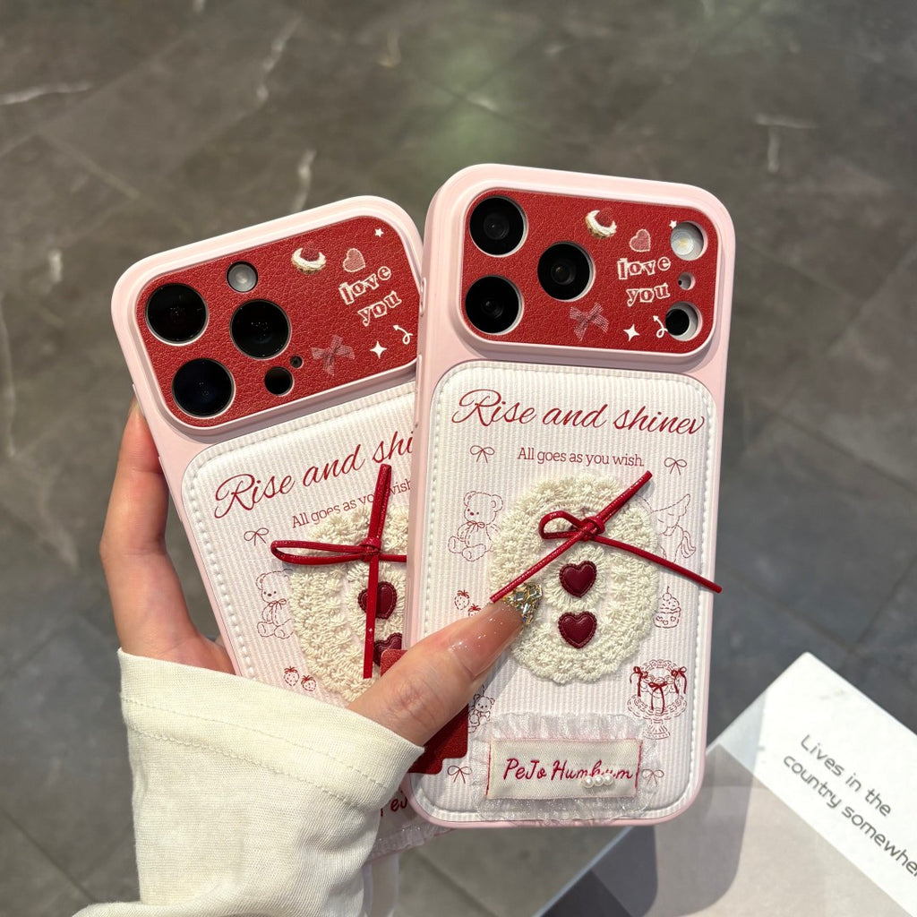 lovely red lace heart leather phone case