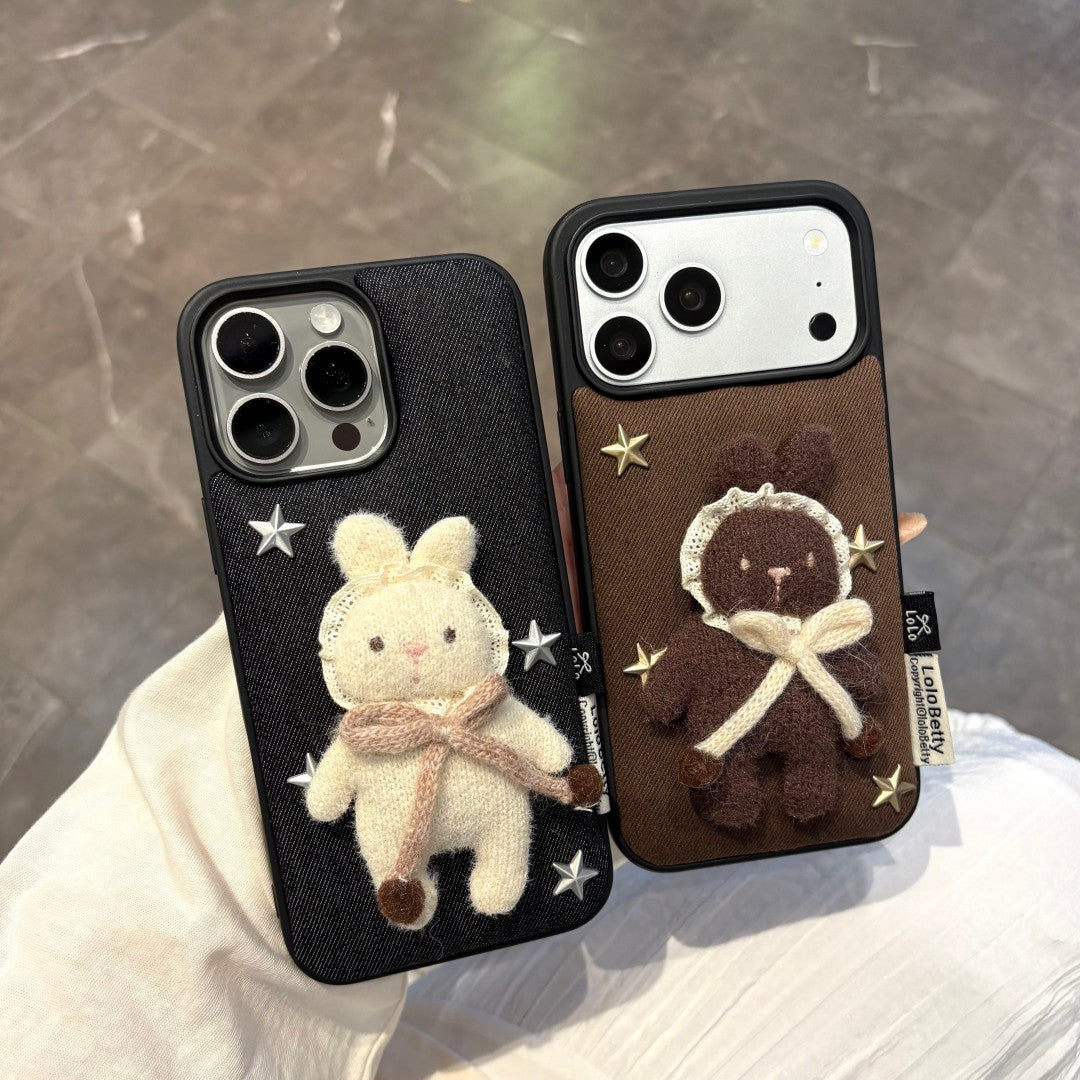 cute knitted star bunny pattern denim phone case