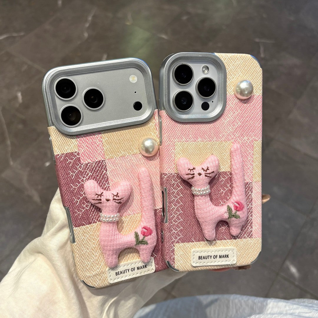 cute pink pearl cat doll phone case