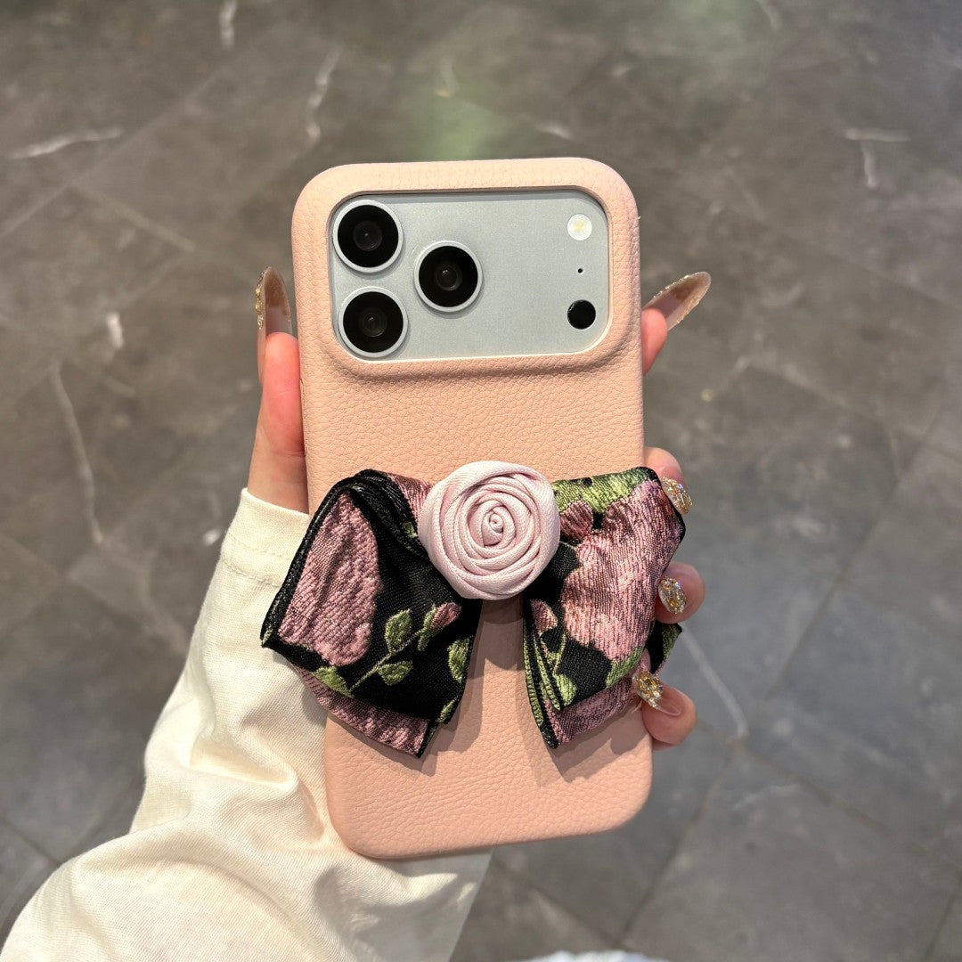 elegant retro floral bow leather phone case