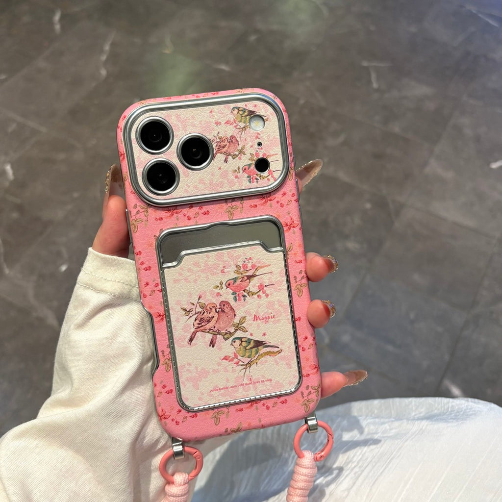 pink plum blossom magpie card holder strap phone case