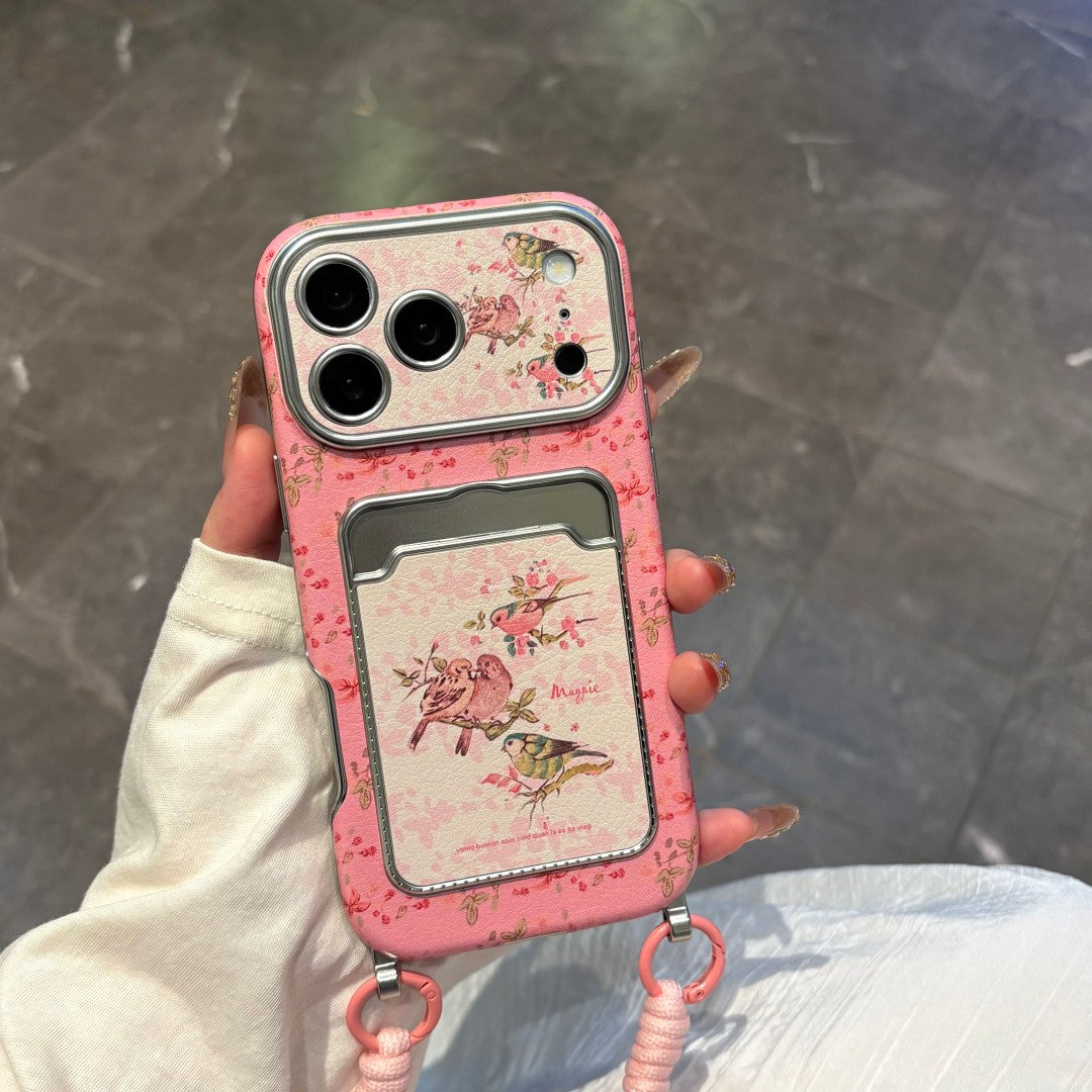 pink plum blossom magpie card holder strap phone case