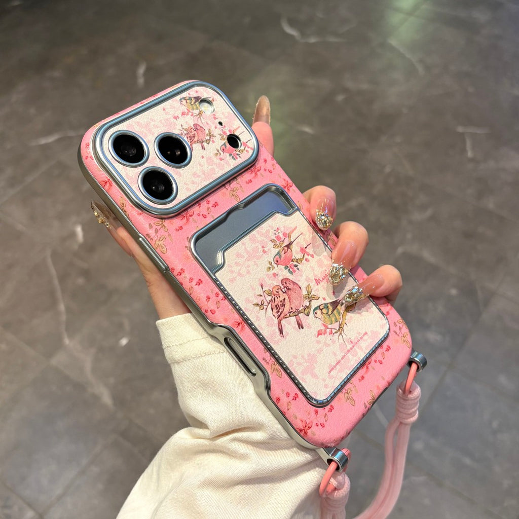 pink plum blossom magpie card holder strap phone case