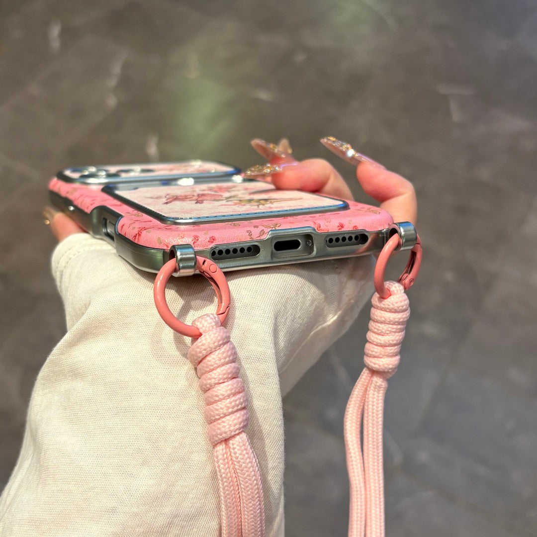 pink plum blossom magpie card holder strap phone case