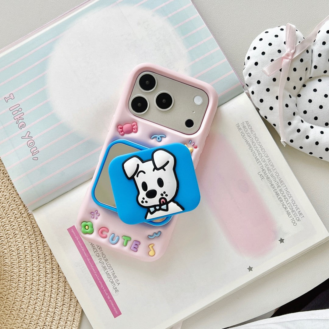 cute cat & puppy mirror + stand dual purpose silicone phone case