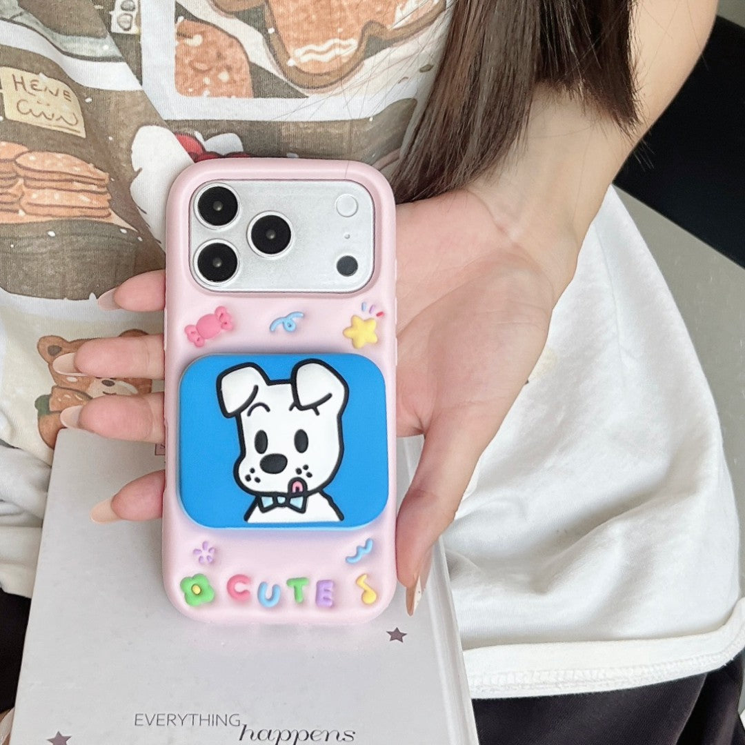 cute cat & puppy mirror + stand dual purpose silicone phone case