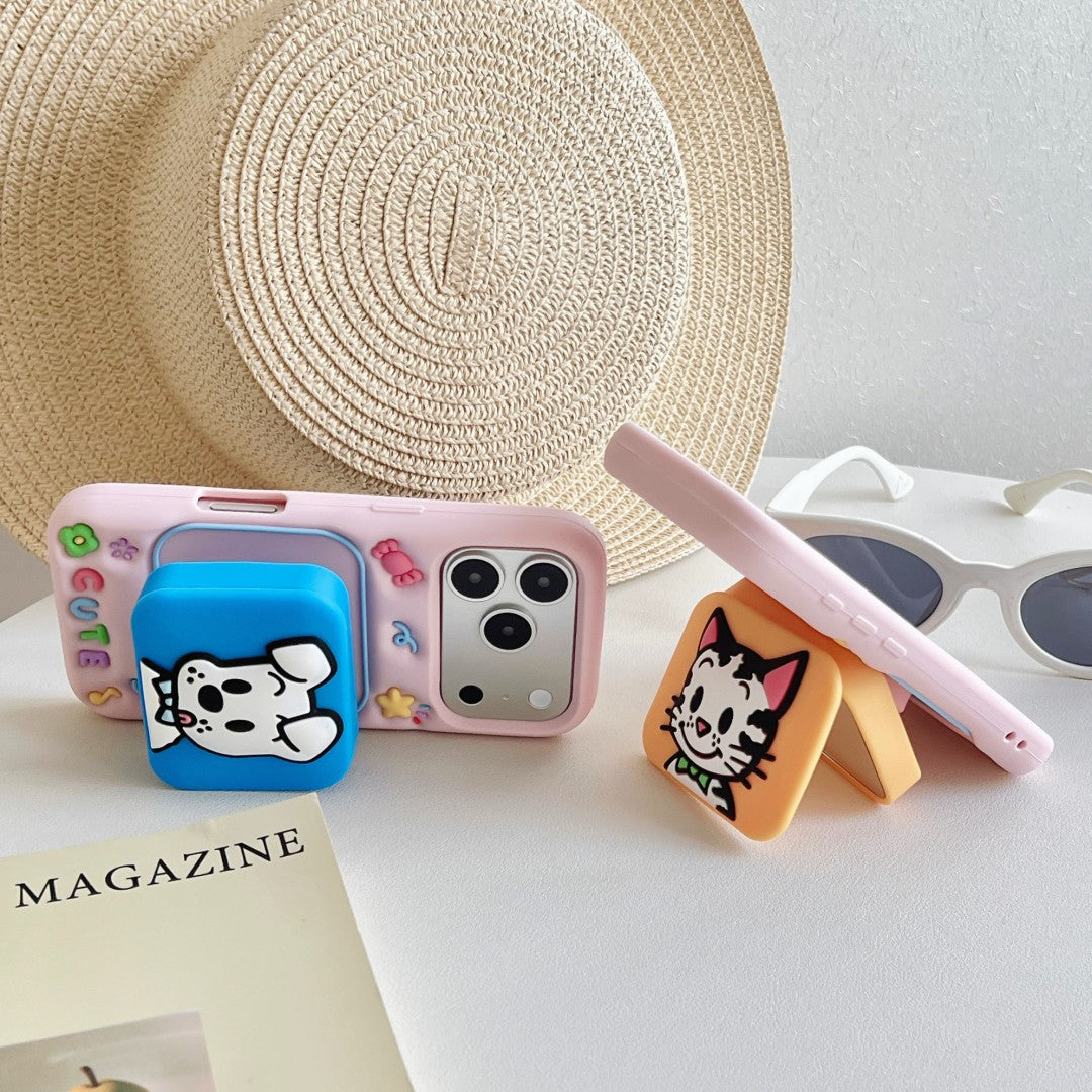 cute cat & puppy mirror + stand dual purpose silicone phone case