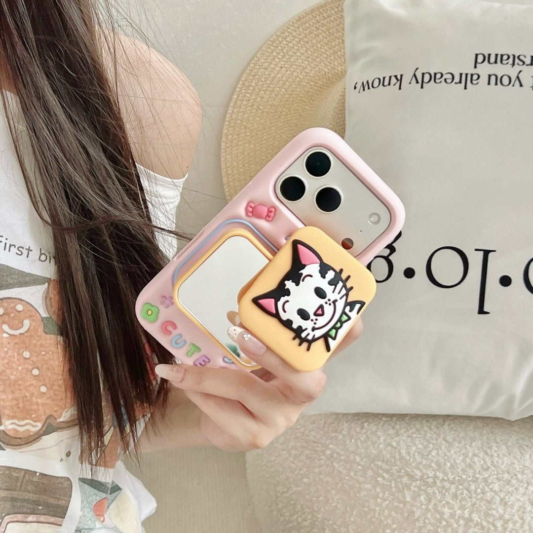 cute cat & puppy mirror + stand dual purpose silicone phone case