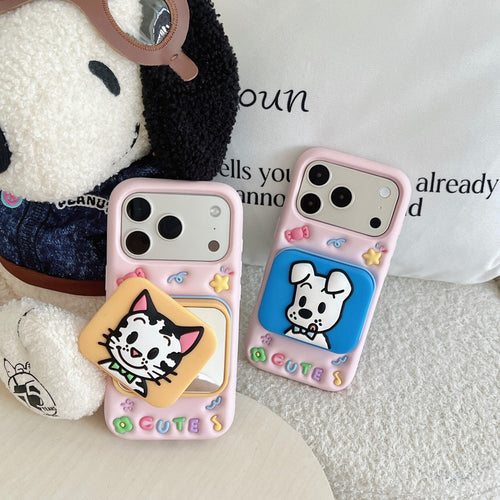 cute cat & puppy mirror + stand dual purpose silicone phone case