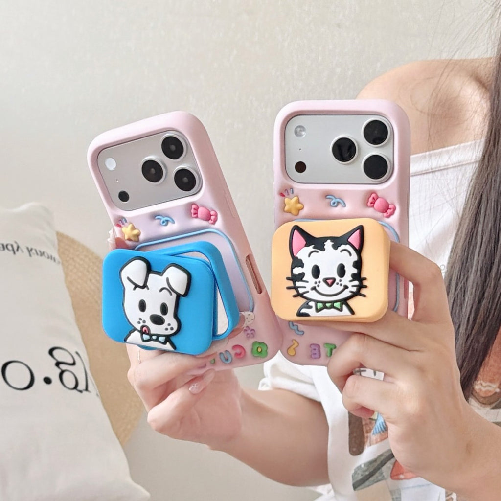 cute cat & puppy mirror + stand dual purpose silicone phone case