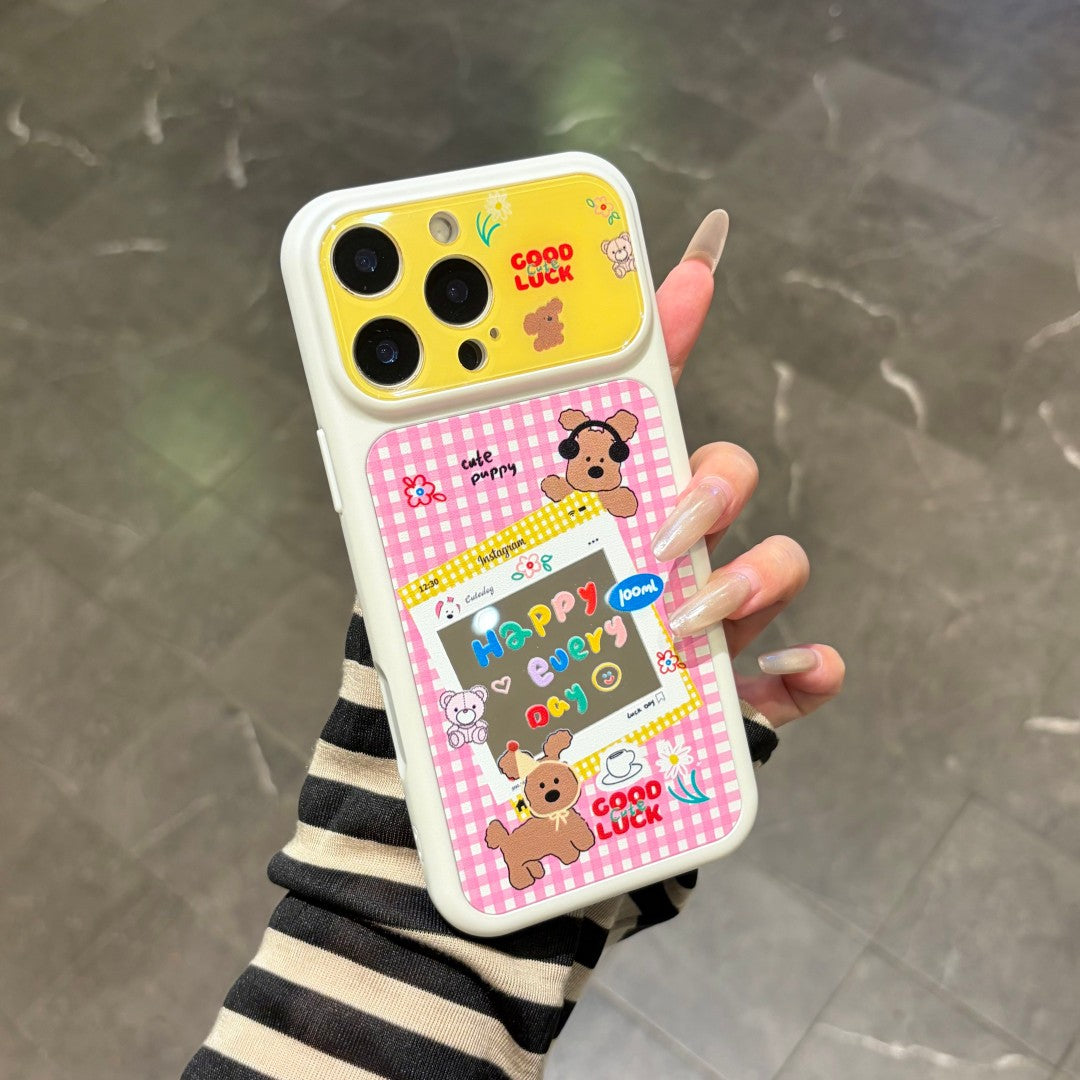 cute color block puppy pink plaid phone case