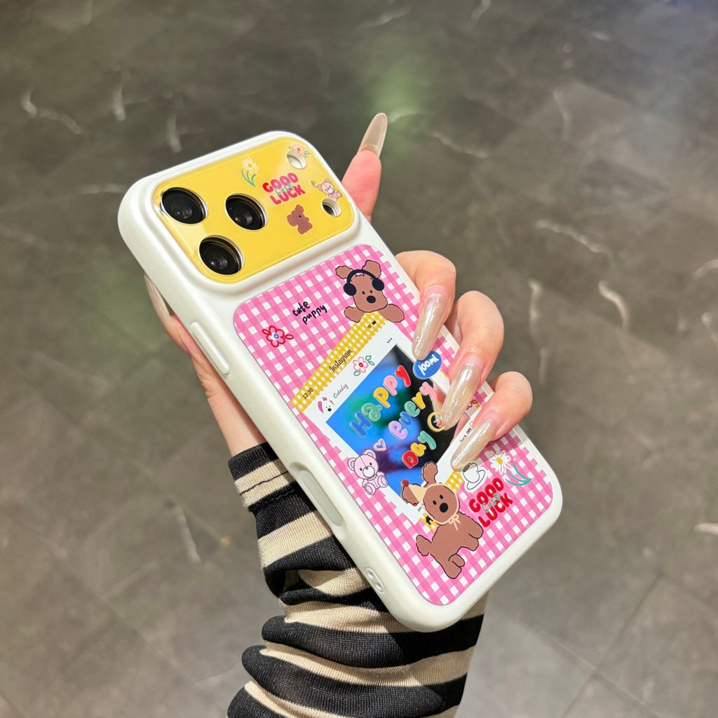 cute color block puppy pink plaid phone case