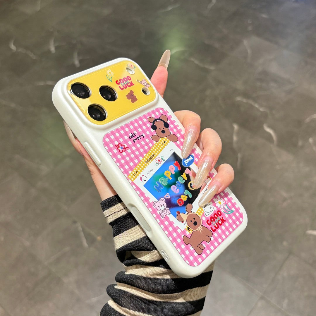 cute color block puppy pink plaid phone case