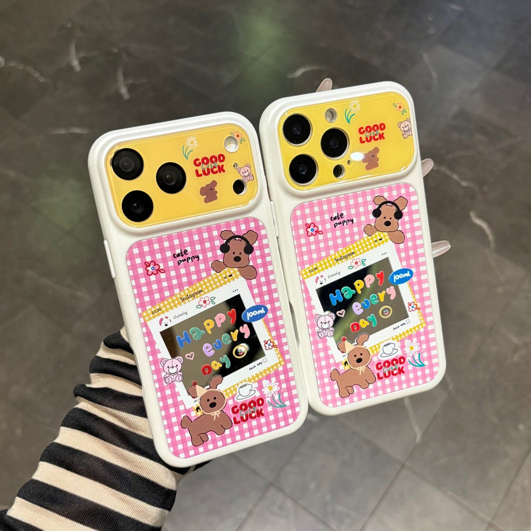 cute color block puppy pink plaid phone case