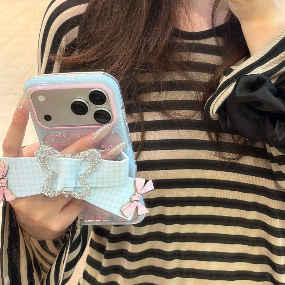 sweet pink blue plaid bow strap phone case