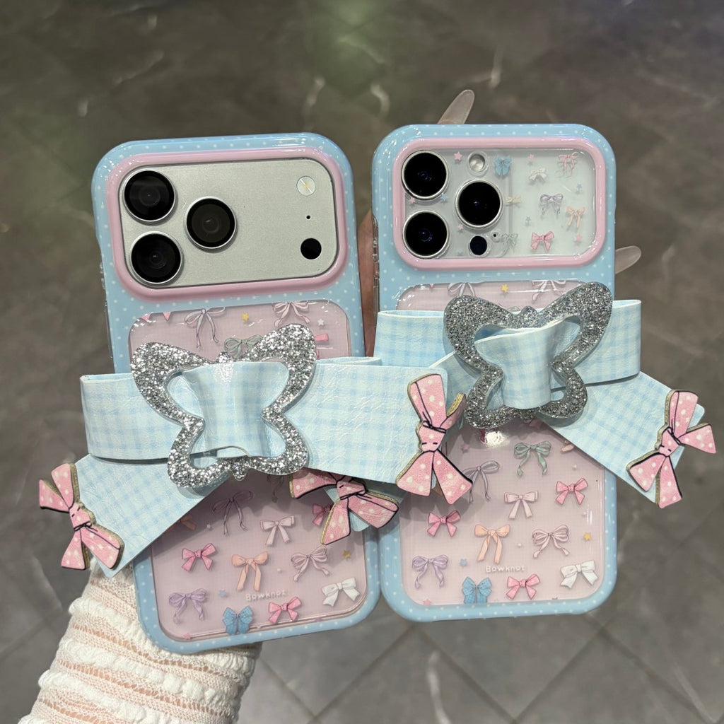 sweet pink blue plaid bow strap phone case