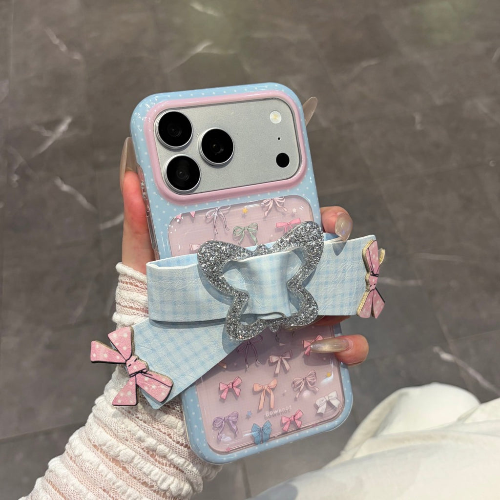 sweet pink blue plaid bow strap phone case