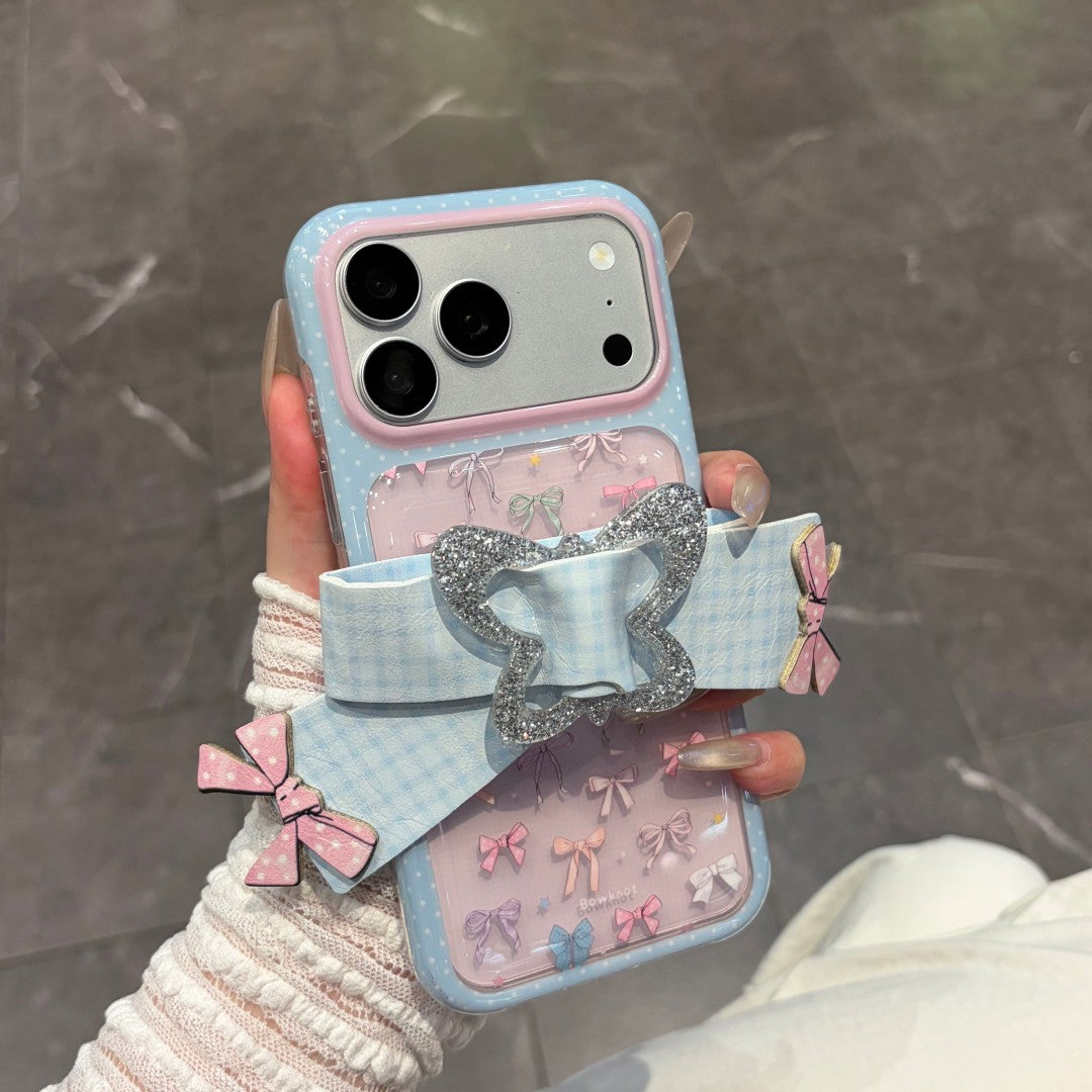 sweet pink blue plaid bow strap phone case