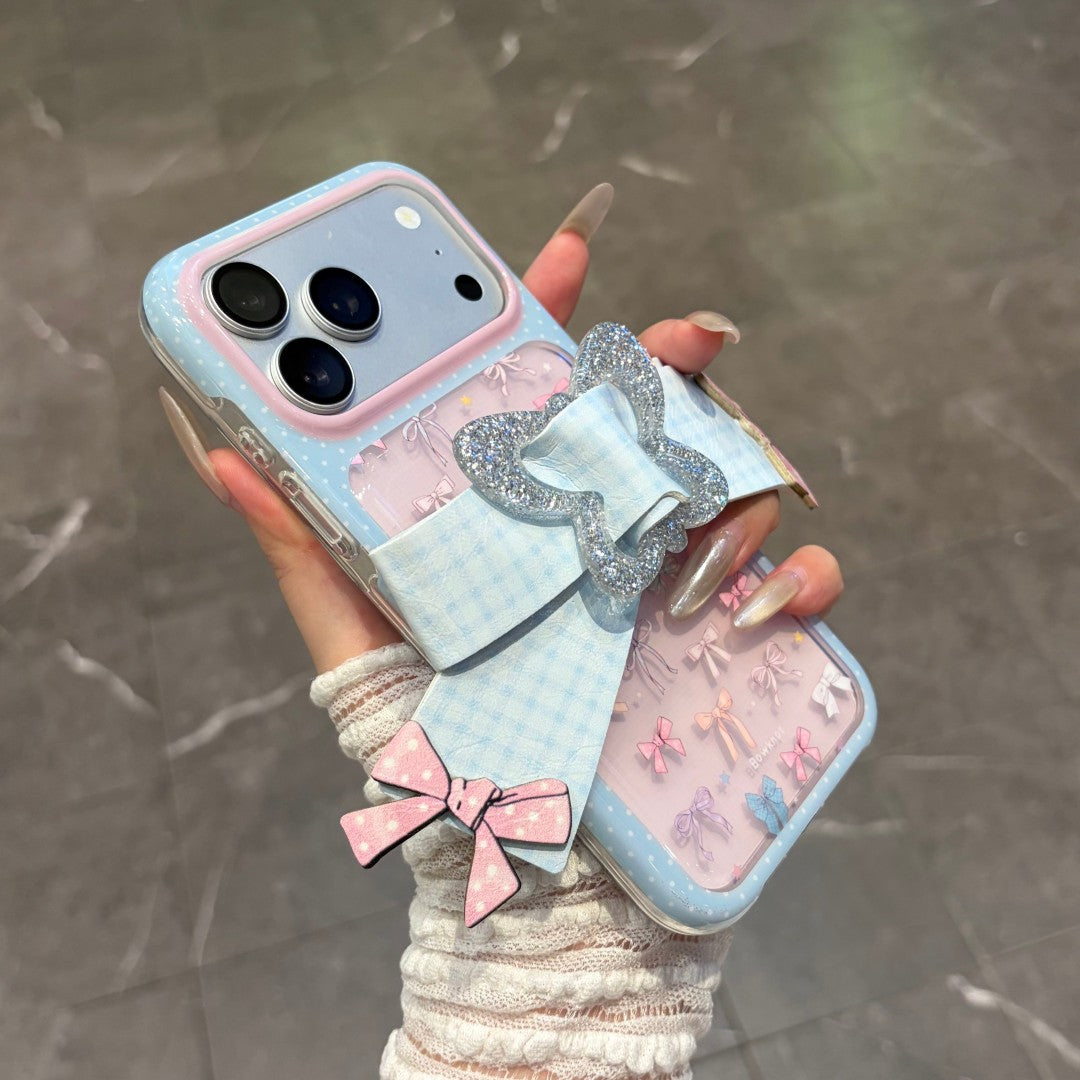 sweet pink blue plaid bow strap phone case