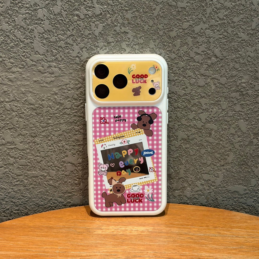 cute color block puppy pink plaid phone case