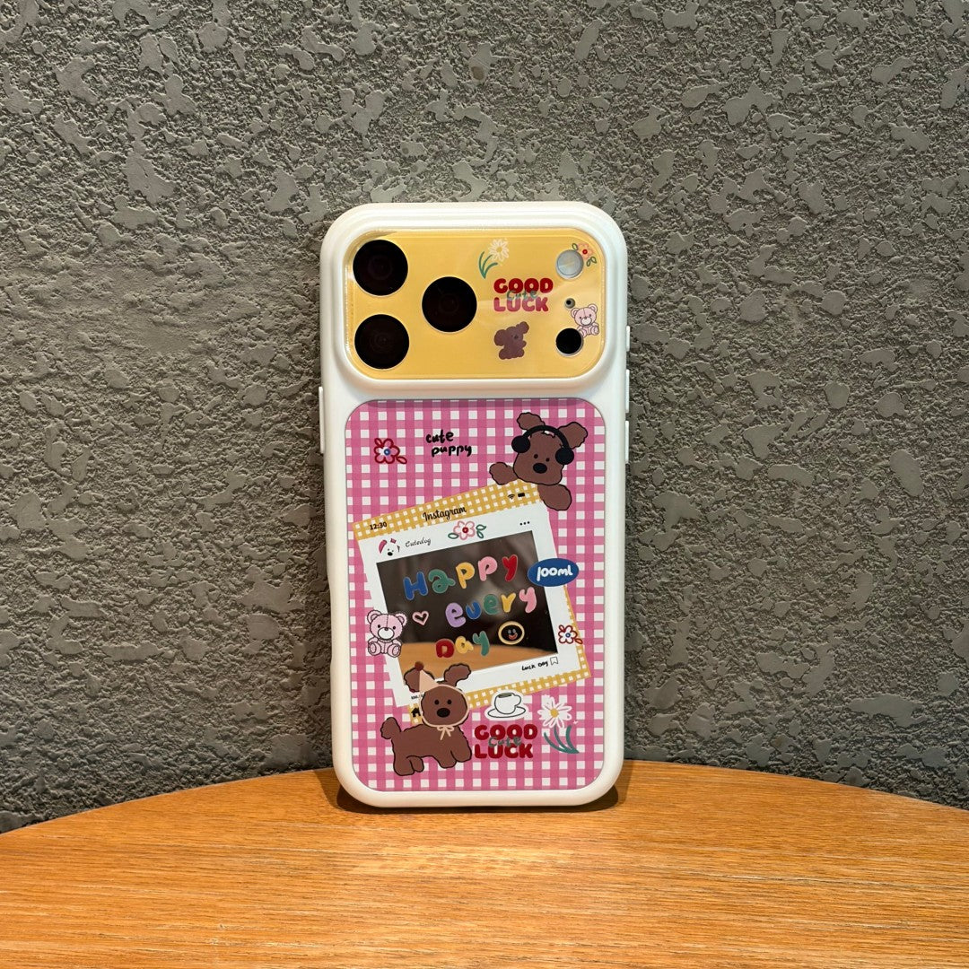 cute color block puppy pink plaid phone case