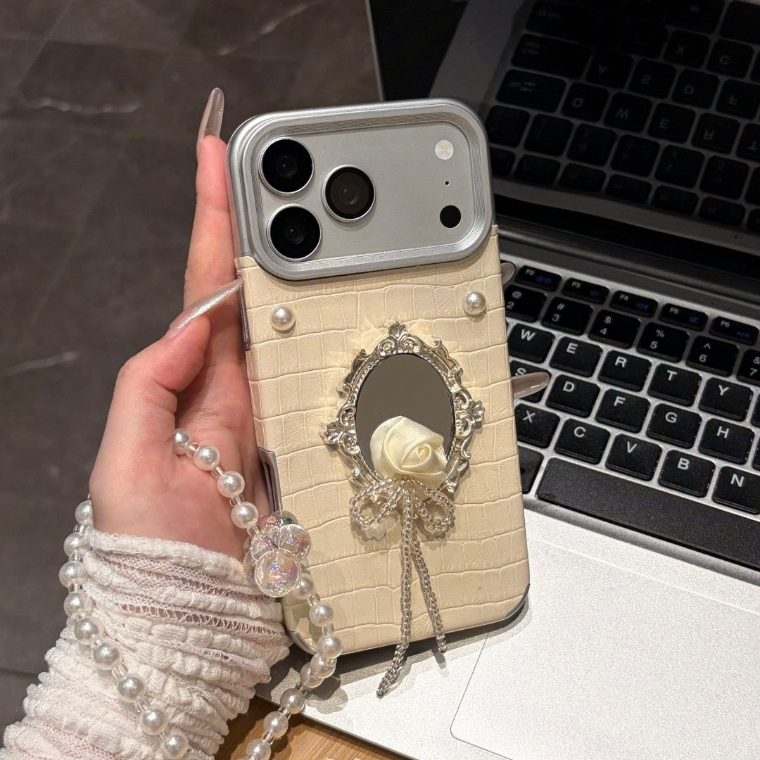 minimalist white rose pearl mirror phone case