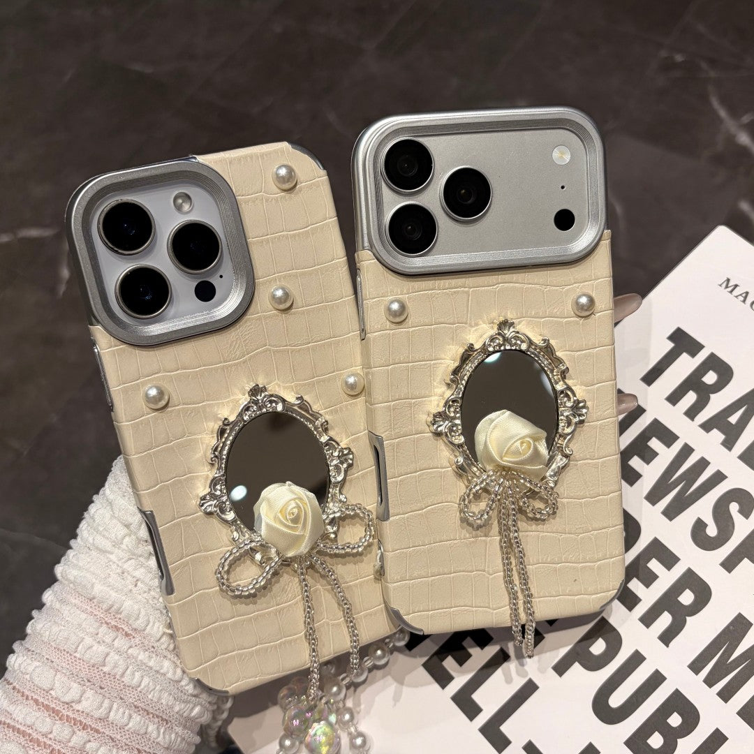 minimalist white rose pearl mirror phone case
