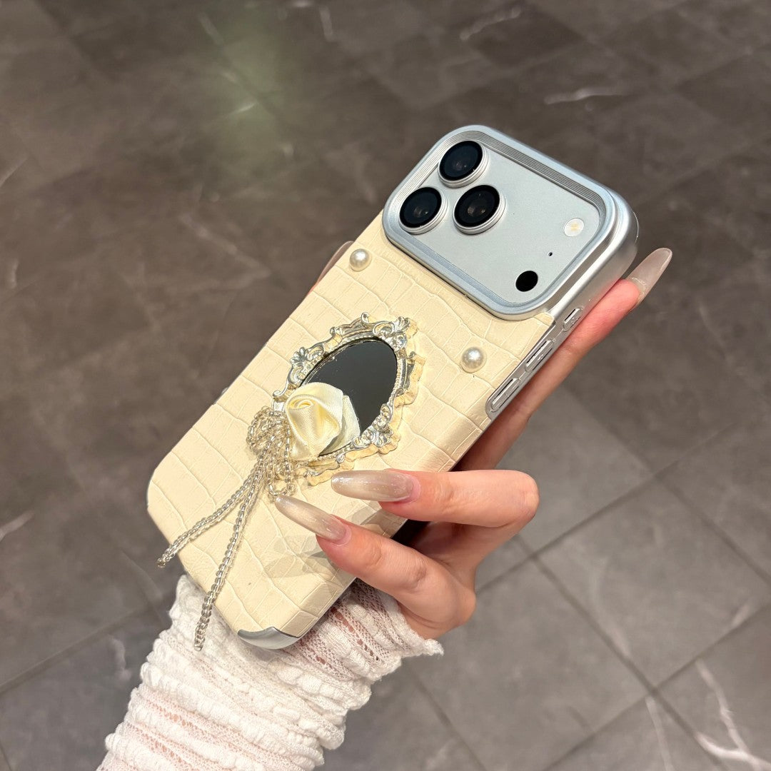 minimalist white rose pearl mirror phone case