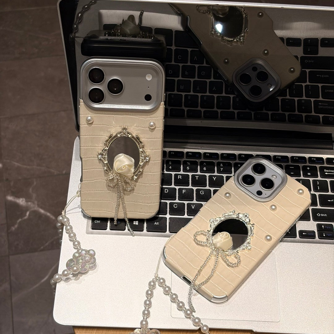 minimalist white rose pearl mirror phone case