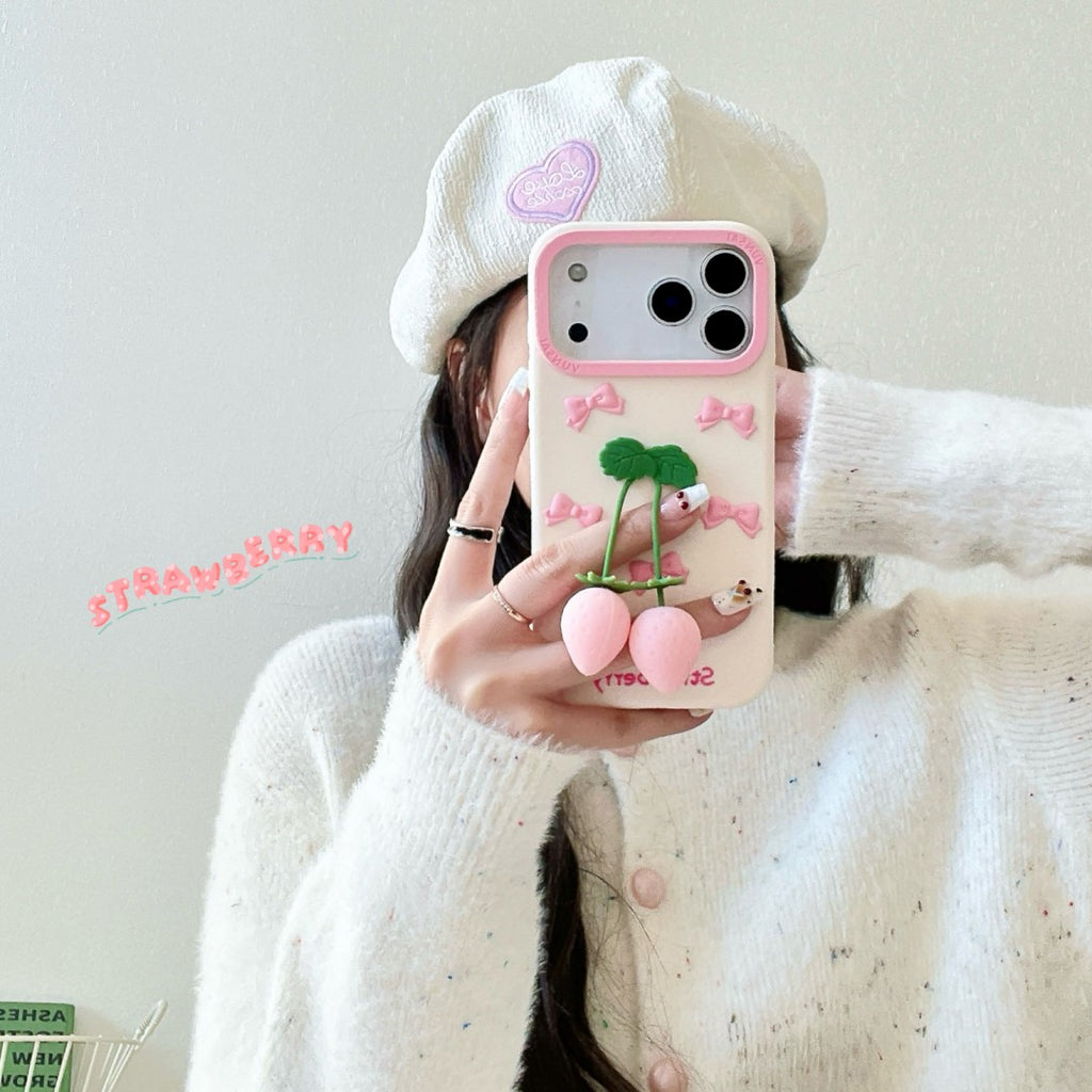 pink strawberry bow silicone phone case