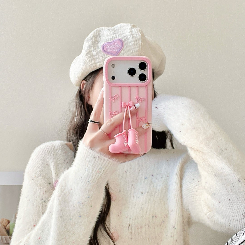 sweet pink bow snow boots silicone phone case