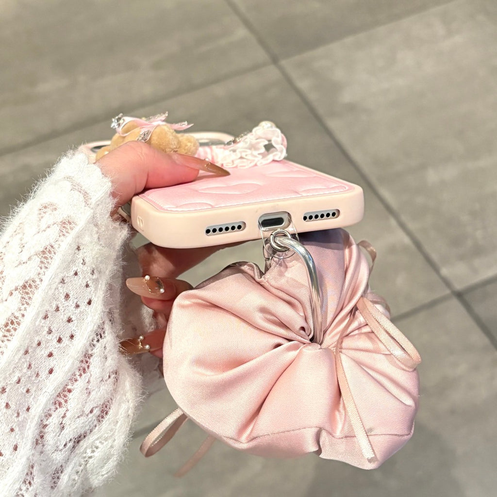 adorable pink leather heart bear doll strap phone case