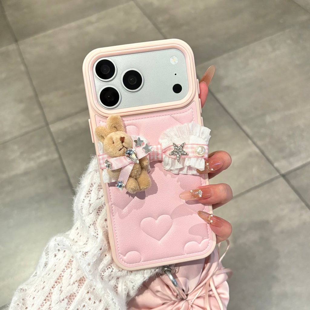adorable pink leather heart bear doll strap phone case