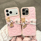 adorable pink leather heart bear doll strap phone case