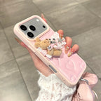 adorable pink leather heart bear doll strap phone case