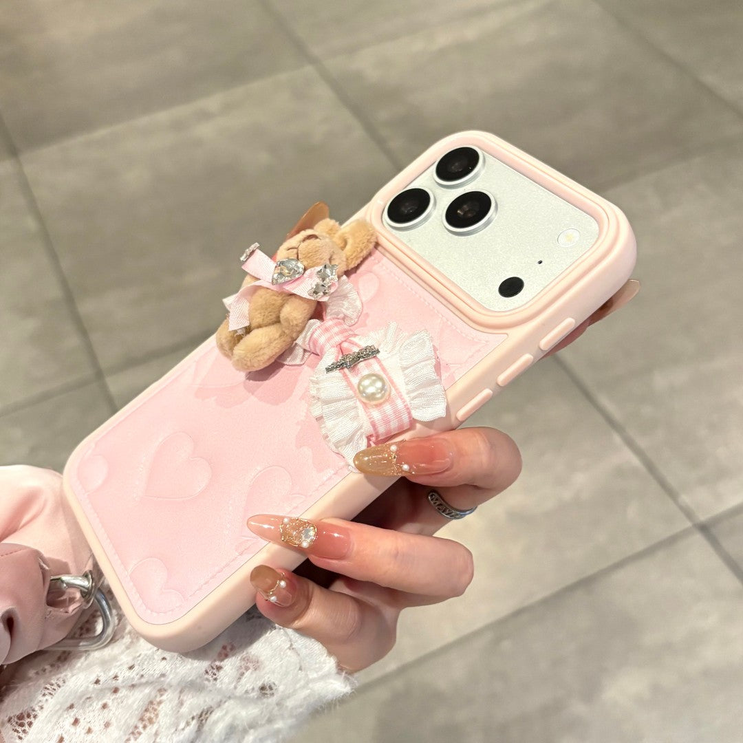 adorable pink leather heart bear doll strap phone case
