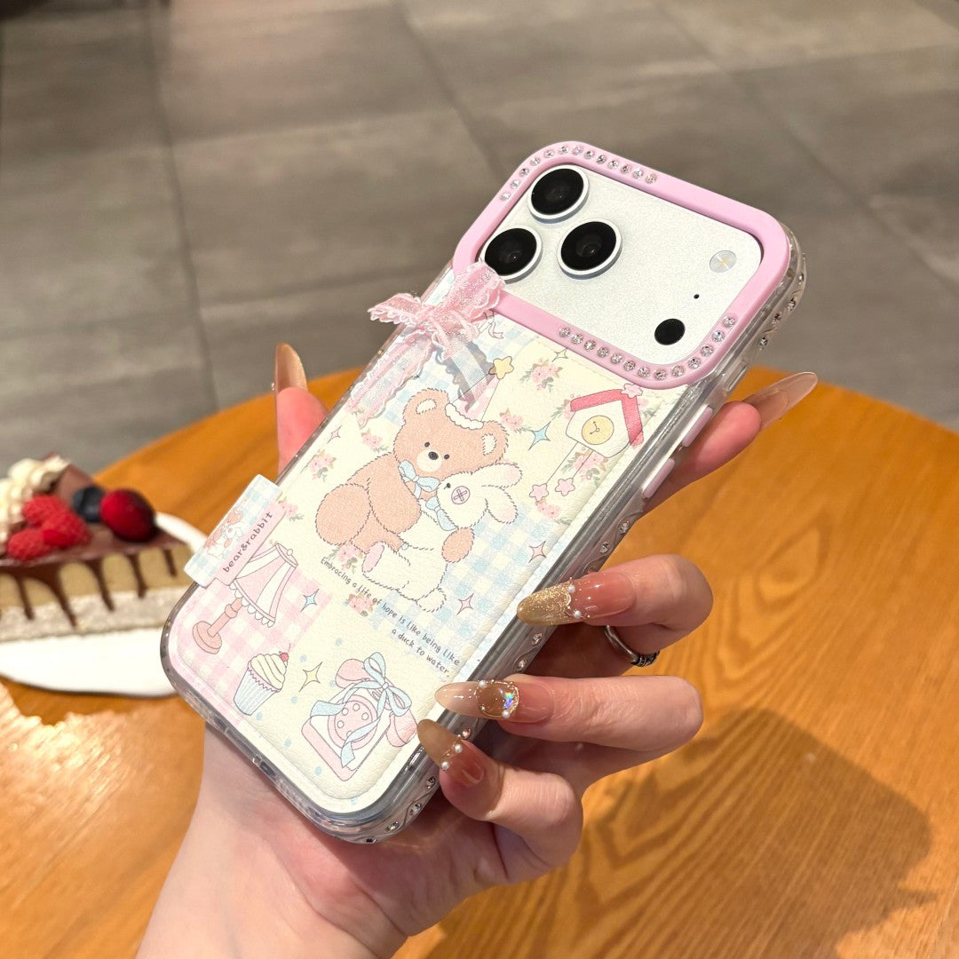 pink bow cute dolls bear & bunny full zircon phone case