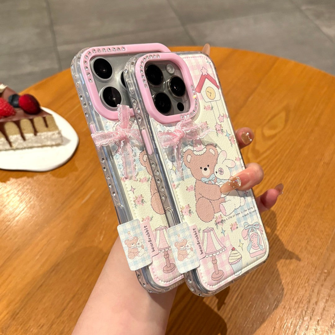 pink bow cute dolls bear & bunny full zircon phone case
