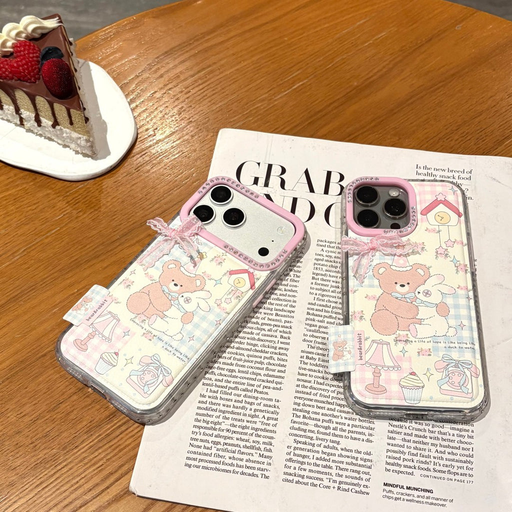 pink bow cute dolls bear & bunny full zircon phone case